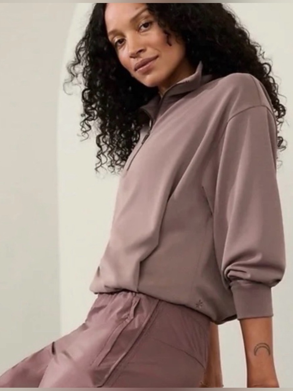 Athleta Seasoft Half-Zip Pullover, bubble hem, Sweatshirt, smoky rose, medium